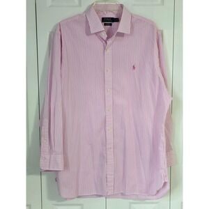 Polo Ralph Lauren Mens 17.5 32/33 Slim Fit Stretch Poplin Pink Stripe Shirt